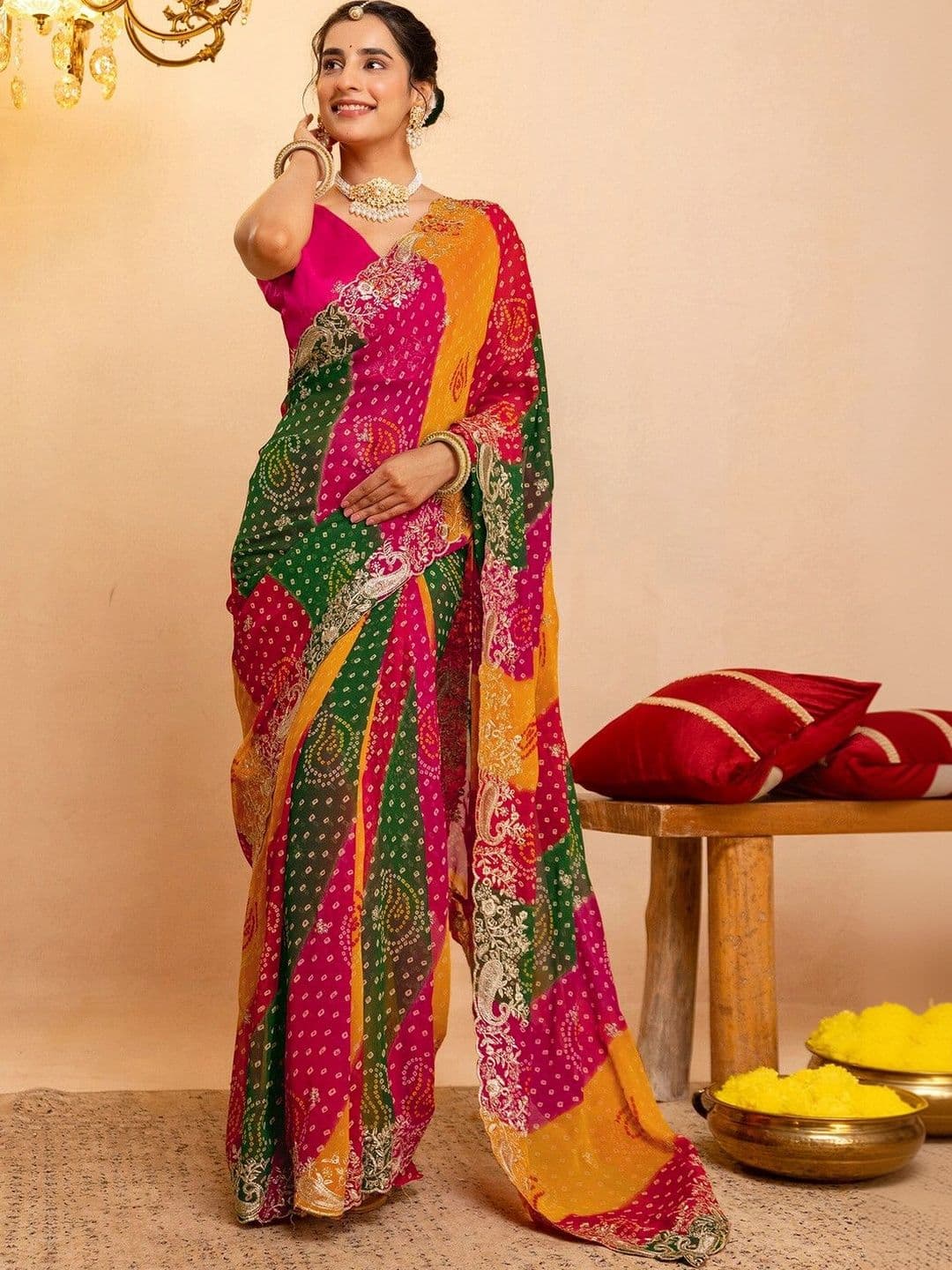 KALINI Bandhani Embroidered Pure Georgette Fusion Bandhani Saree - view 1