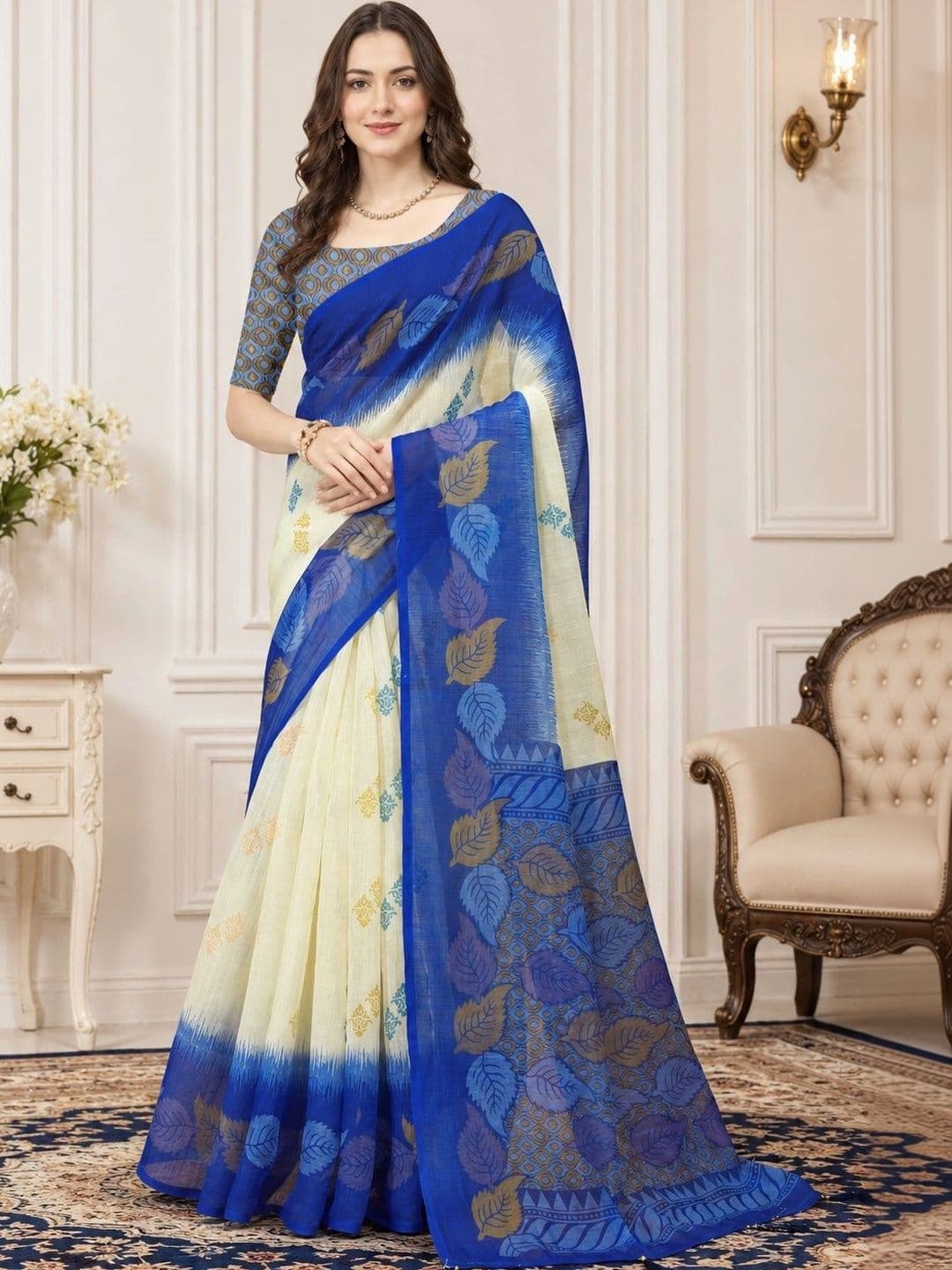 V3 FASHION STUDIO Ethnic Motifs Zari Linen Blend Handloom Block Print Saree - view 1