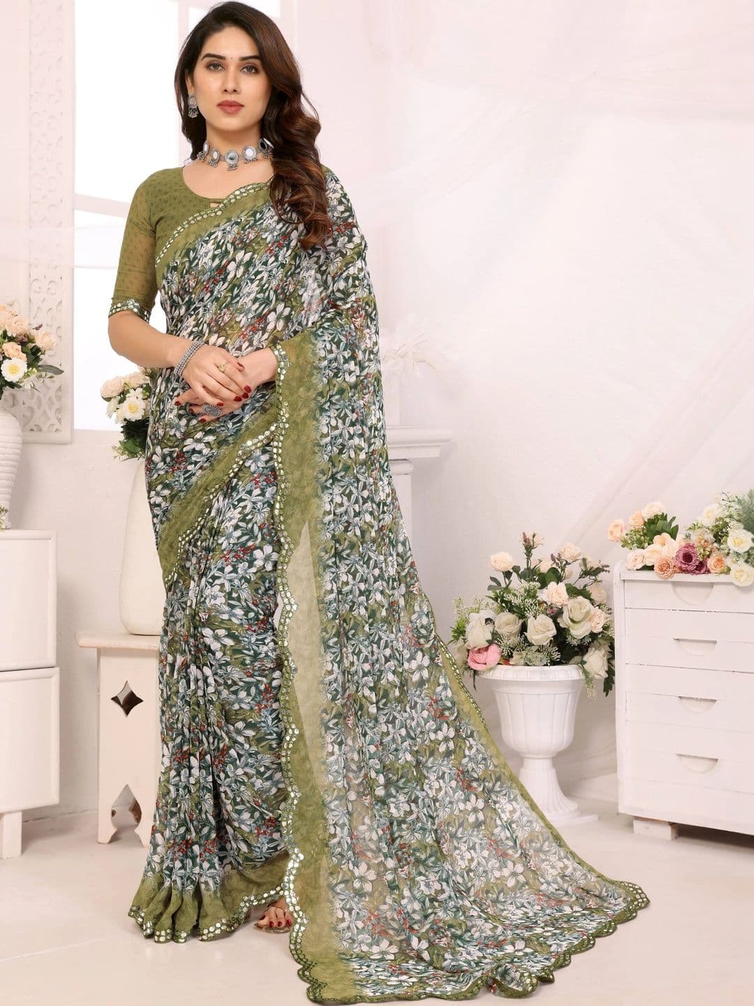 KALINI Floral Mirror Work Pure Georgette Fusion Saree - view 1