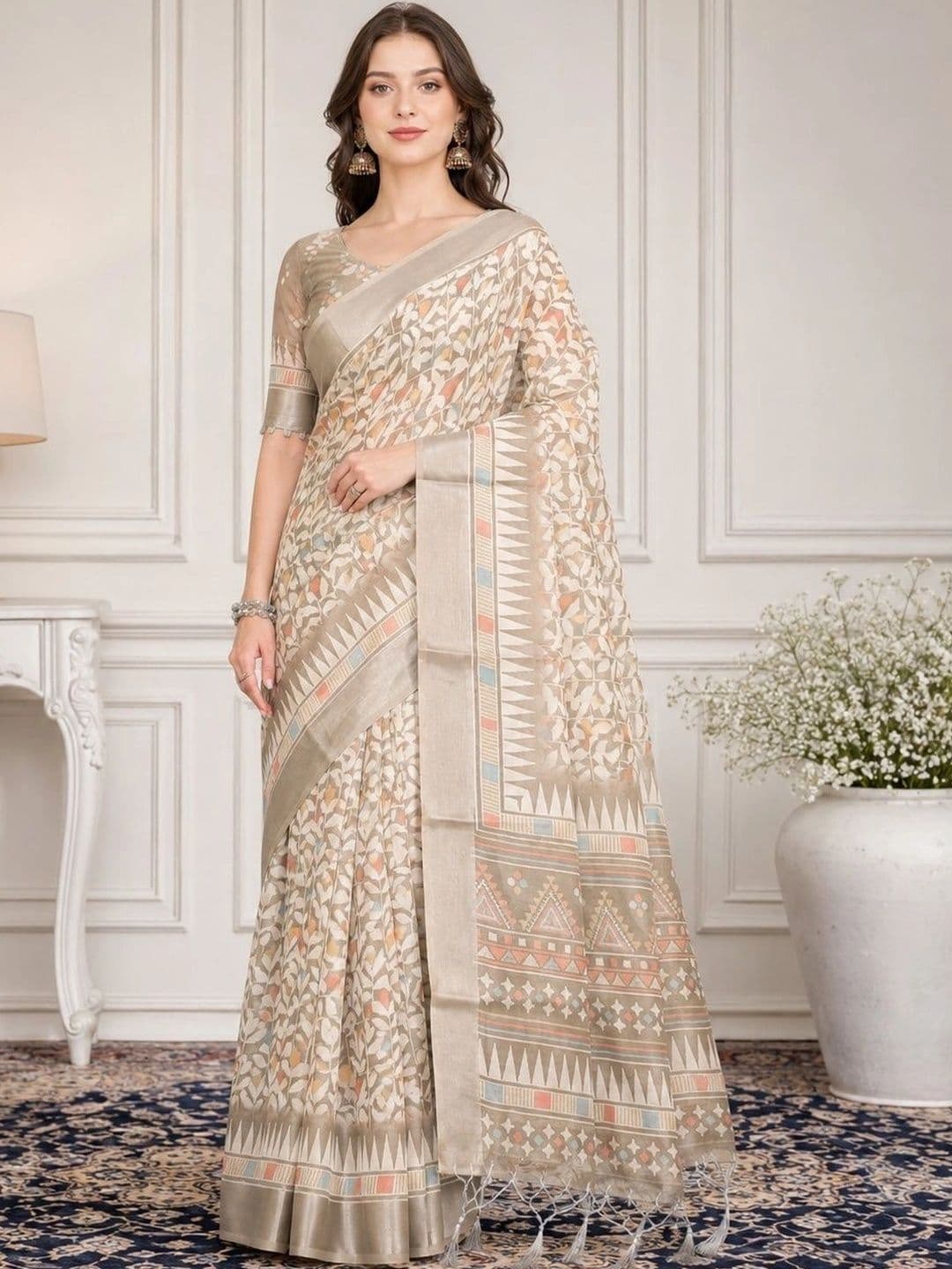 KALINI Woven Design Zari Linen Blend Handloom Block Print Saree - view 1