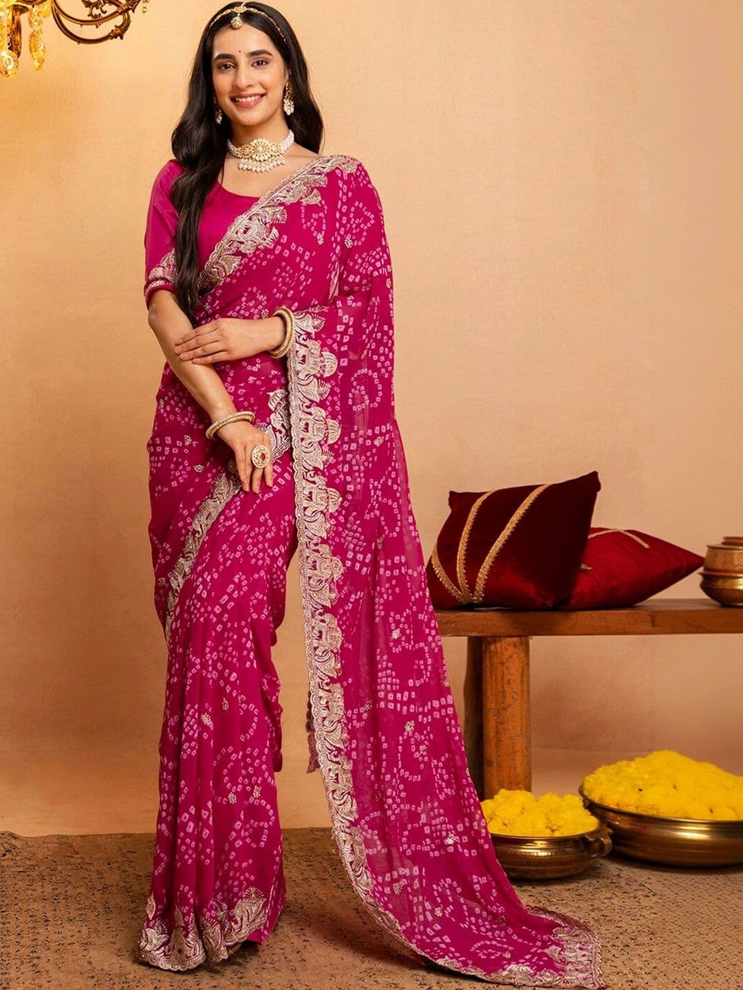 KALINI Bandhani Embroidered Pure Georgette Fusion Bandhani Saree - view 1