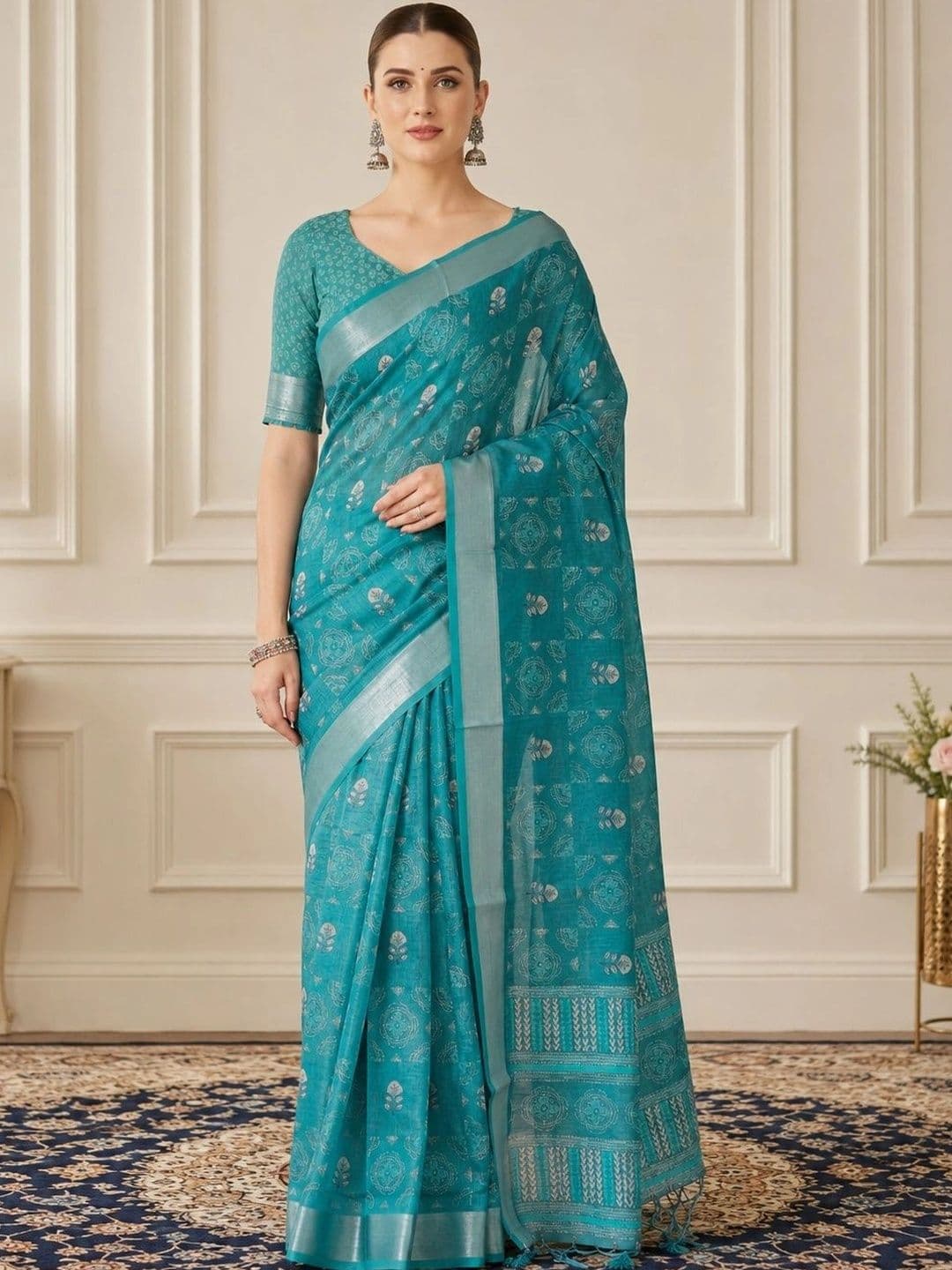HERE&NOW Ethnic Motifs Zari Linen Blend Handloom Block Print Saree - view 1