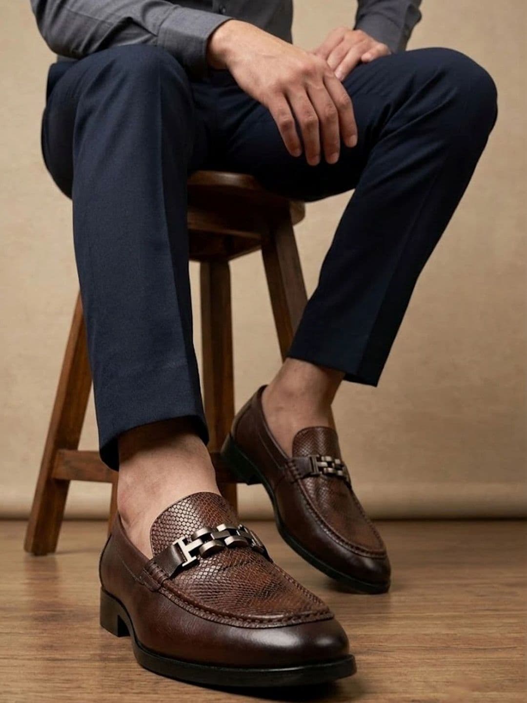 House of Pataudi Men Textured Round Toe Slip-On Loafers Formal Shoes - view 1