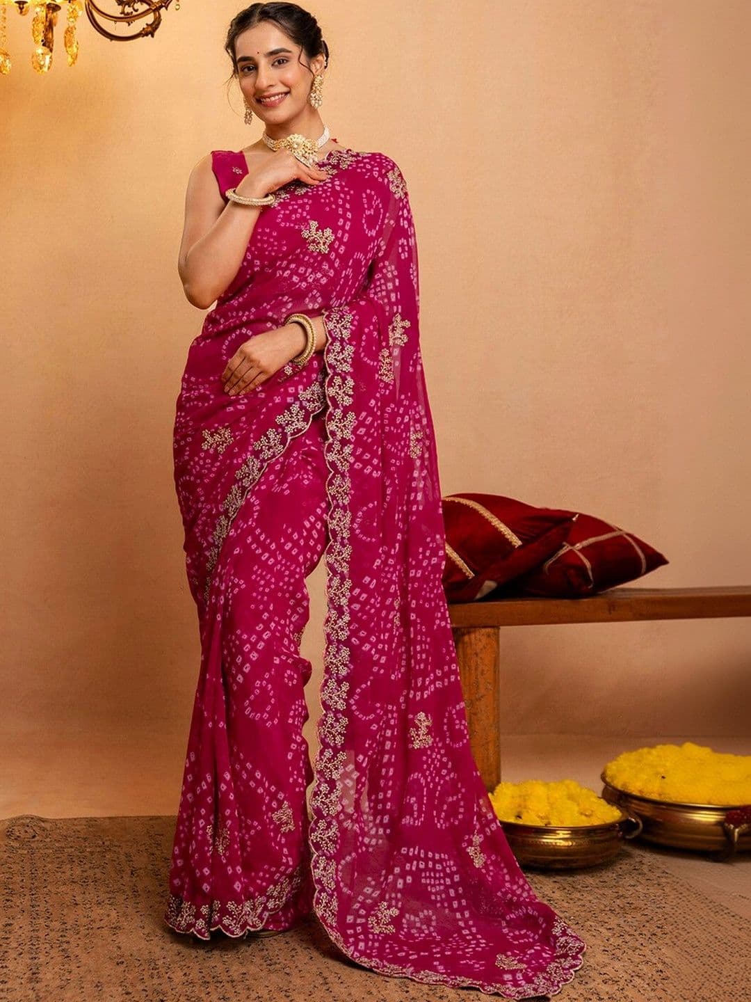 KALINI Bandhani Zari Pure Georgette Fusion Bandhani Saree - view 1