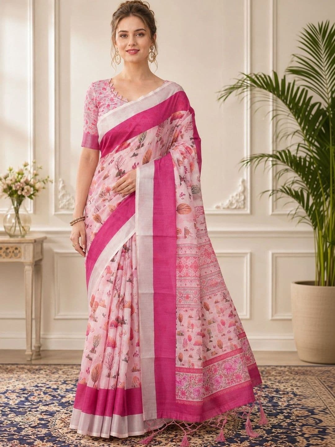 HERE&NOW Floral Zari Linen Blend Handloom Block Print Saree - view 1