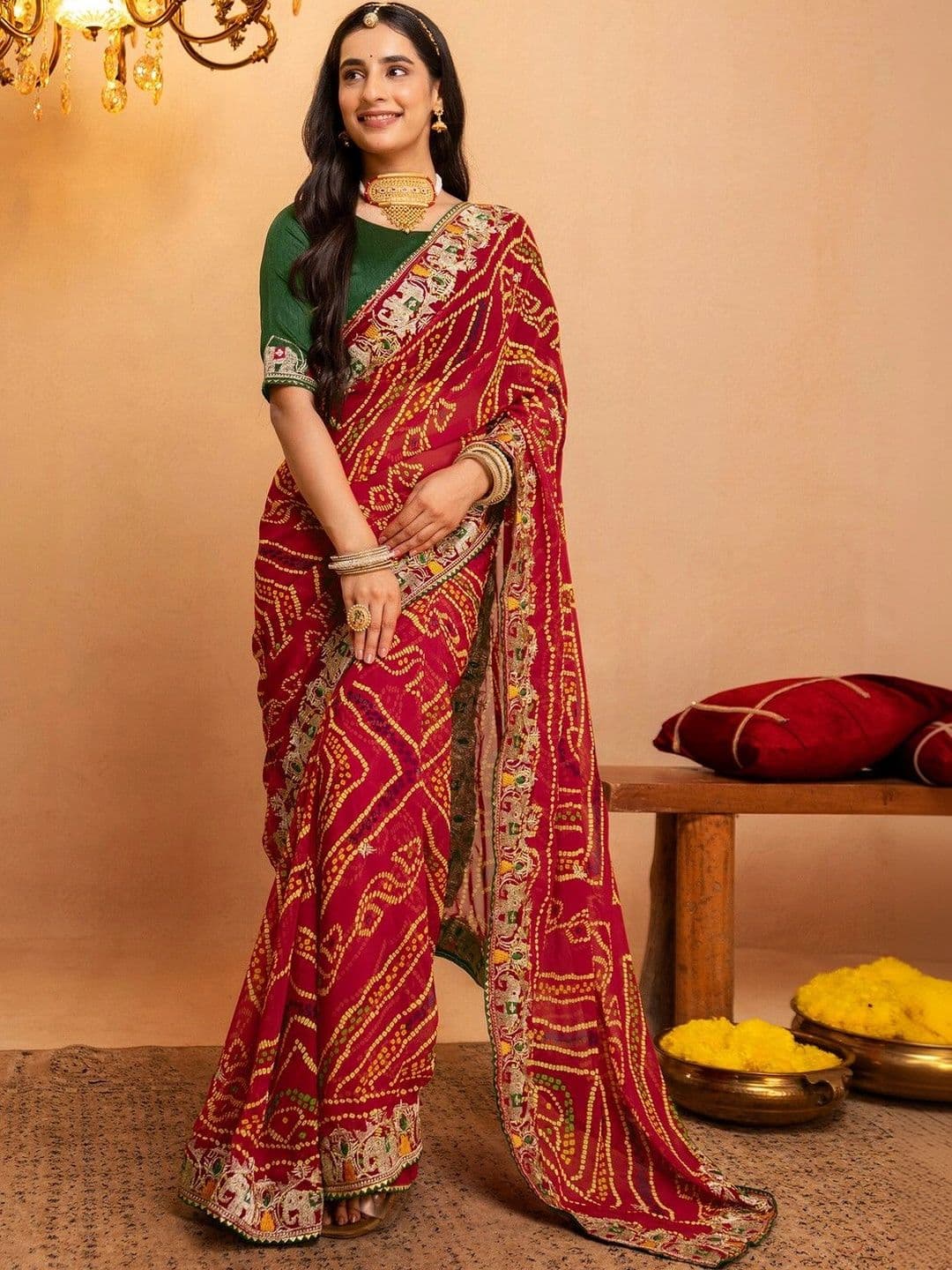 KALINI Bandhani Embroidered Pure Georgette Fusion Bandhani Saree - view 1