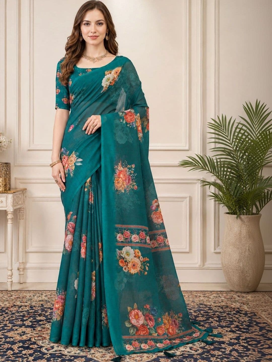 V3 FASHION STUDIO Floral Zari Linen Blend Handloom Block Print Saree - view 1