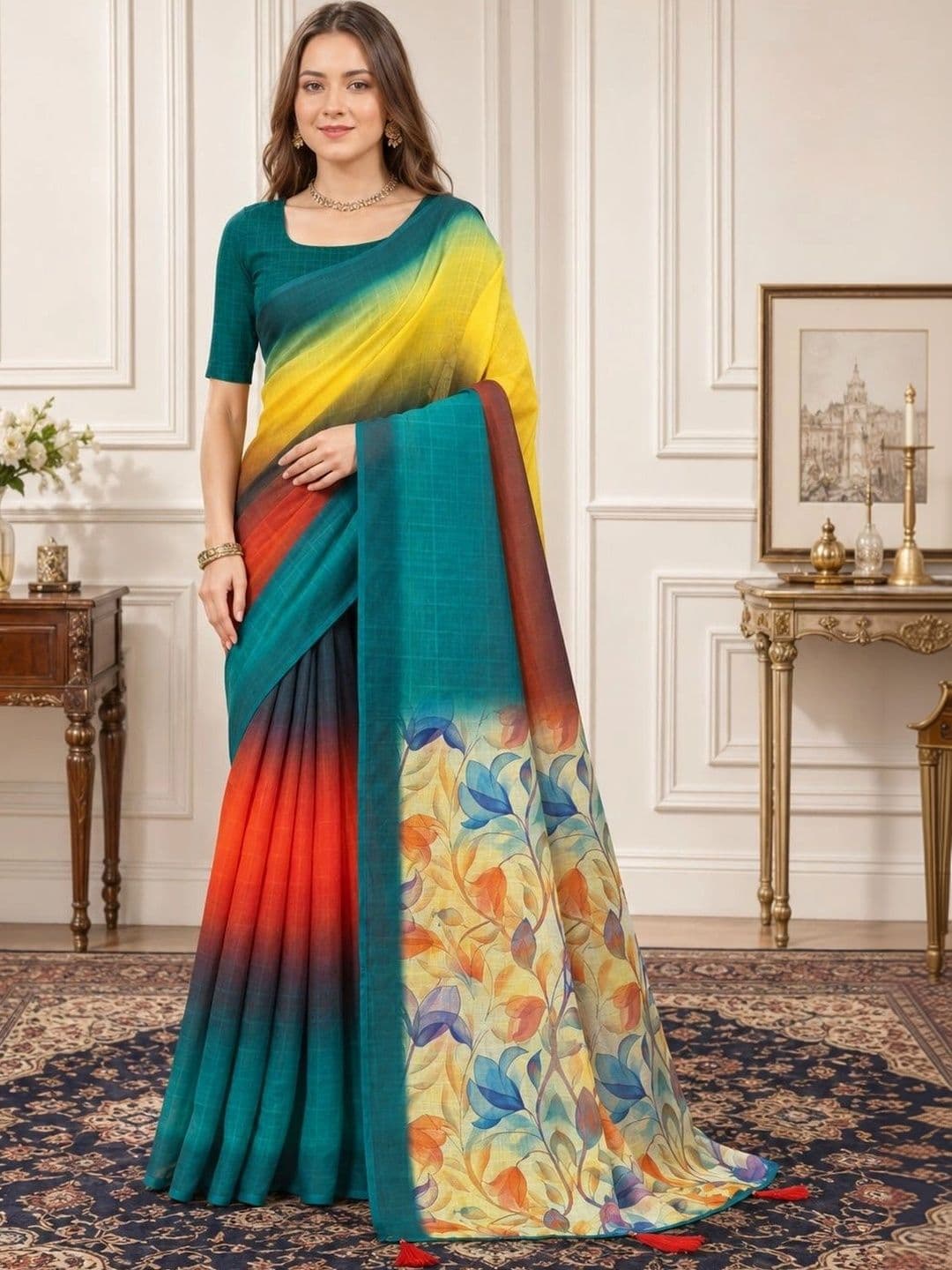 V3 FASHION STUDIO Floral Zari Linen Blend Handloom Block Print Saree - view 1
