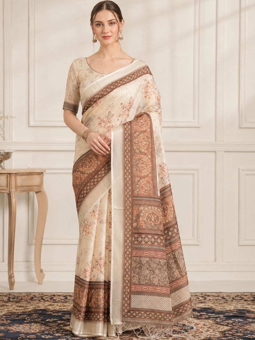 HERE&NOW Floral Zari Linen Blend Handloom Block Print Saree - view 1