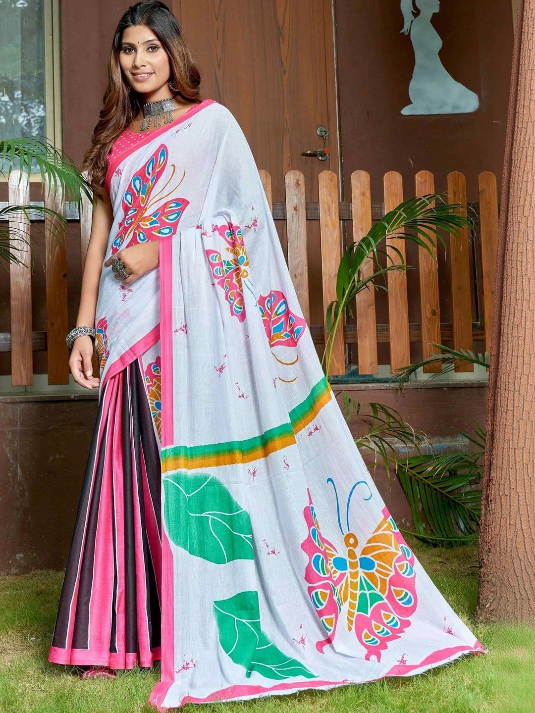 KALINI Floral Pure Cotton Fusion Block Print Saree - view 1