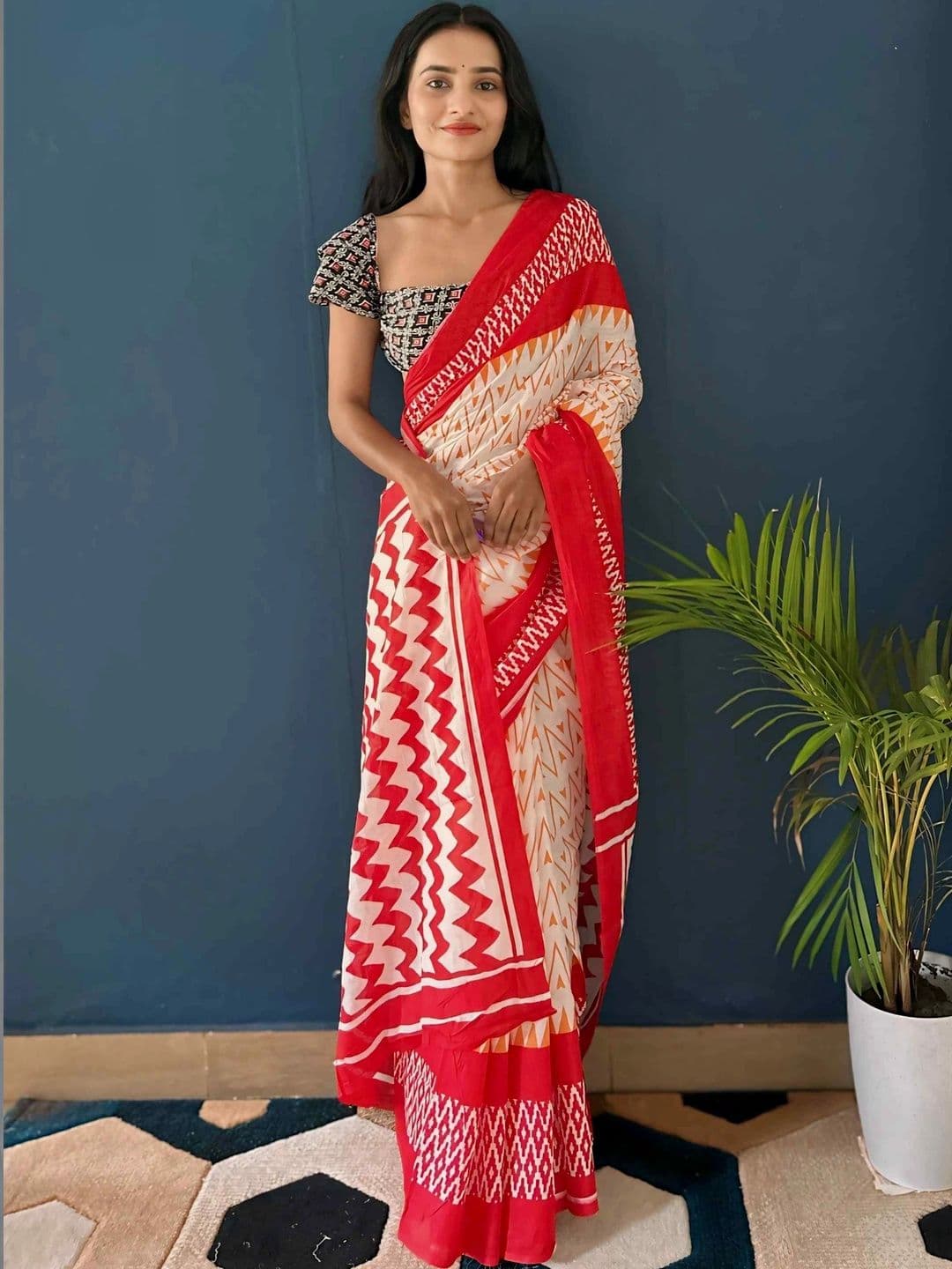 KALINI Floral Pure Cotton Fusion Block Print Saree - view 1