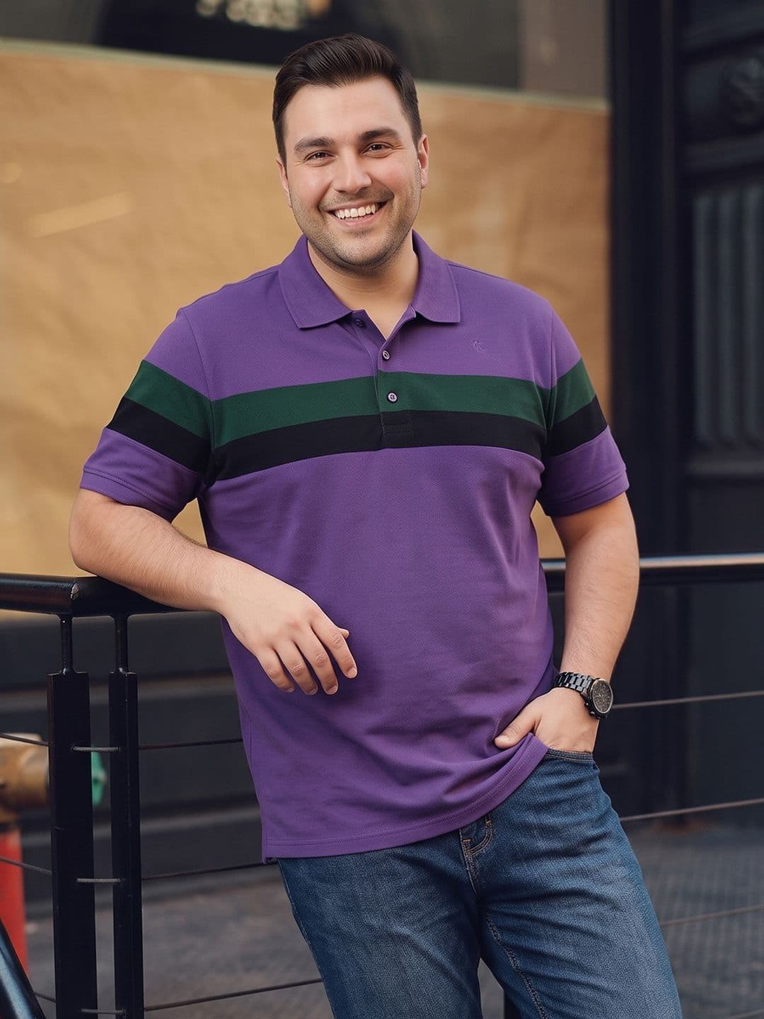Sztori Plus Size Striped Polo Collar Pure Cotton T-Shirt - view 1