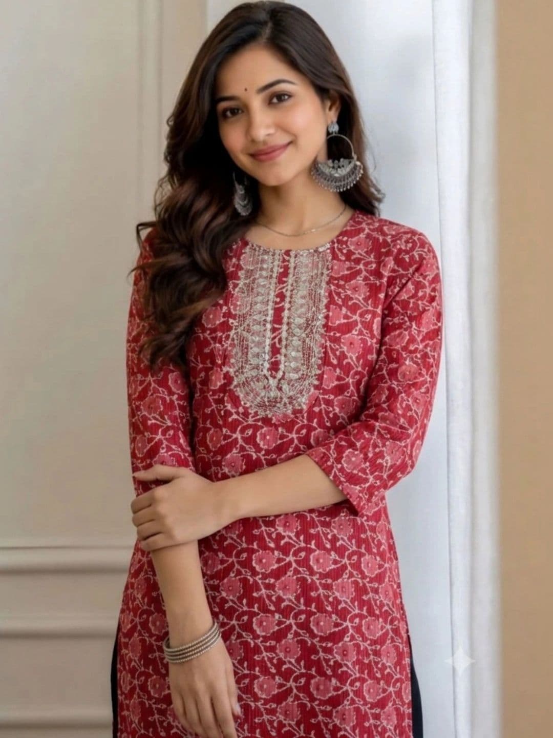 Zyla Straight Cotton embroidered yoke kurta for women - view 1