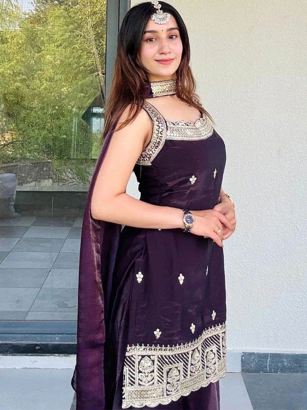 SITARRAA Women Ethnic Motifs Embroidered Regular Silk Crepe Kurti with Sharara & With Dupatta - view 1