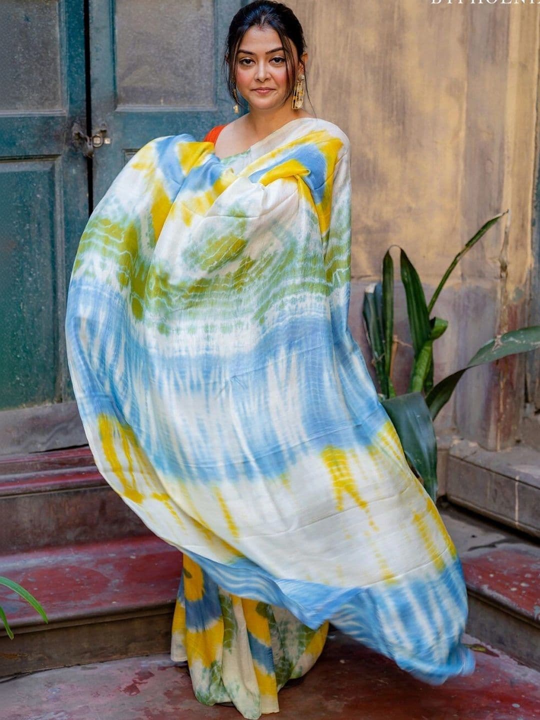 KALINI Tie and Dye Pure Cotton Fusion Block Print Saree - view 1