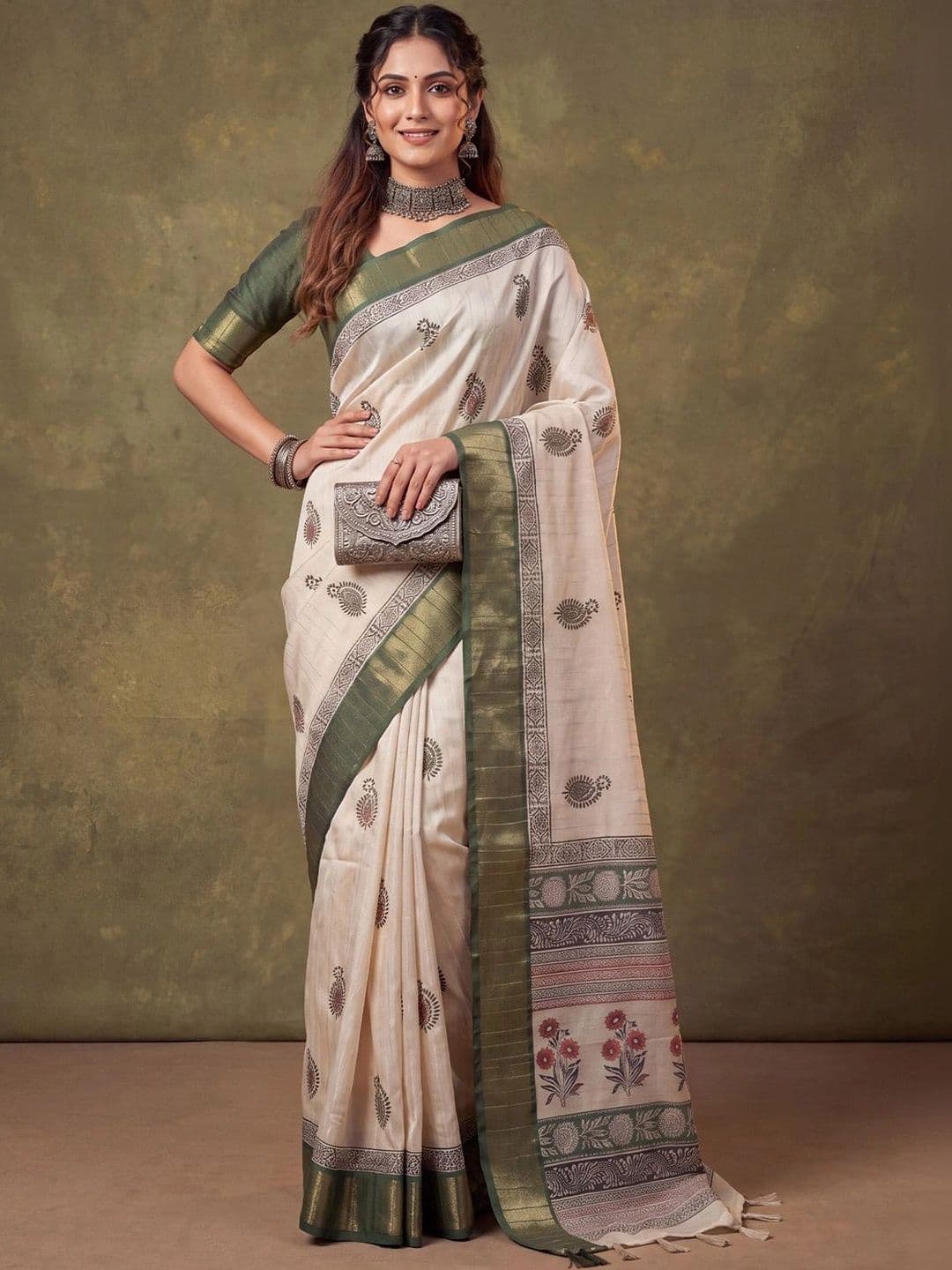 Anouk Floral Zari Silk Cotton Designer Tussar Saree - view 1
