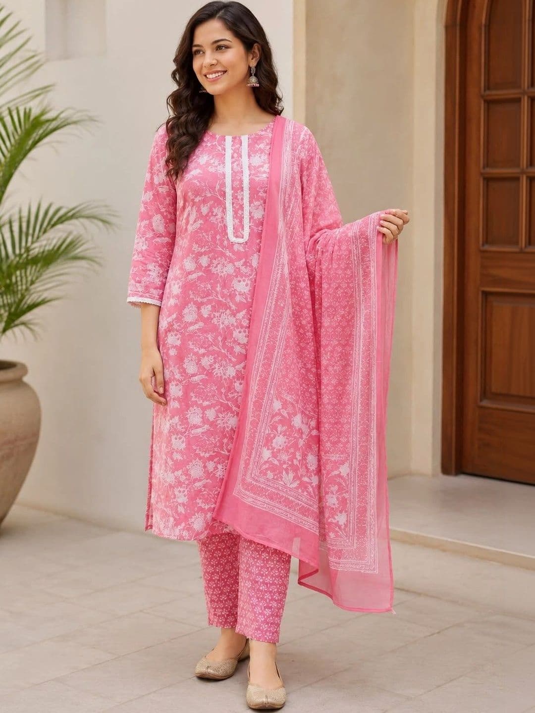 Sangria Women Floral Printed Regular Pure Cotton Kurta with Trousers & With Dupatta - view 1
