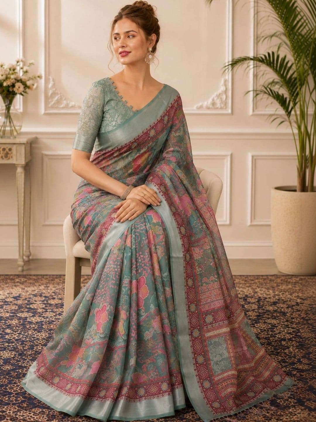HERE&NOW Floral Zari Linen Blend Handloom Block Print Saree - view 1