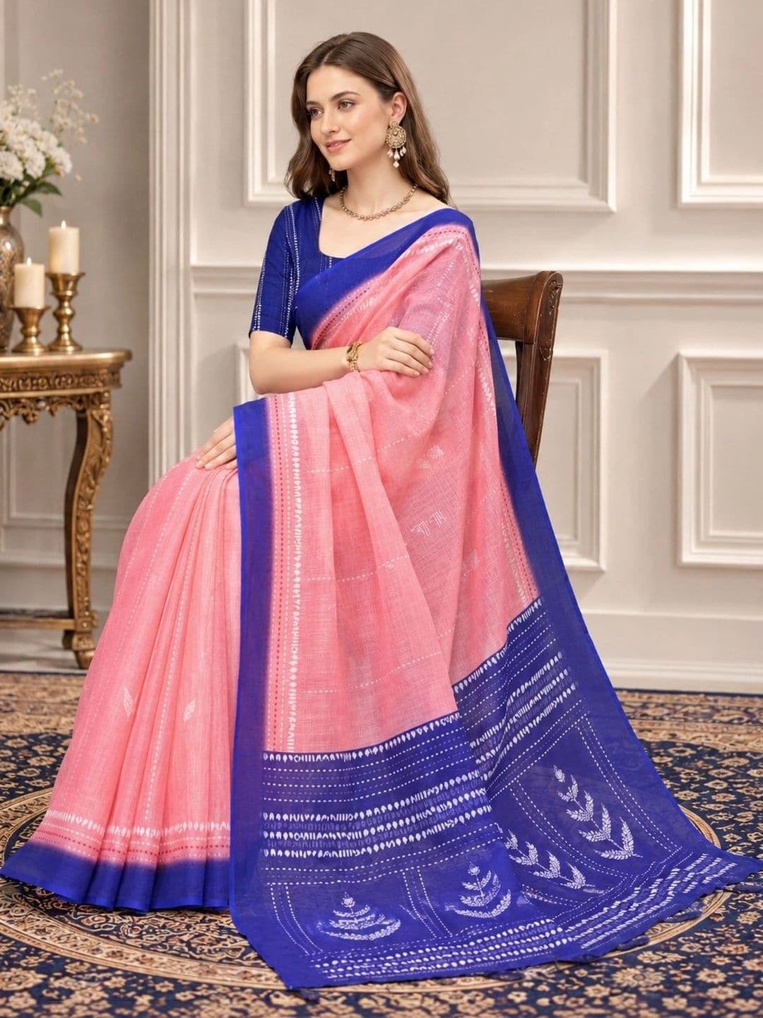 V3 FASHION STUDIO Zari Linen Blend Handloom Block Print Saree - view 1