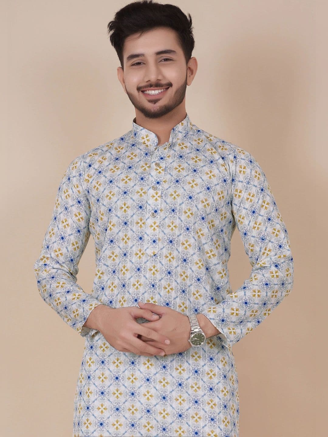 Moda Rapido Men Geometric Printed Handloom Kurta - view 1