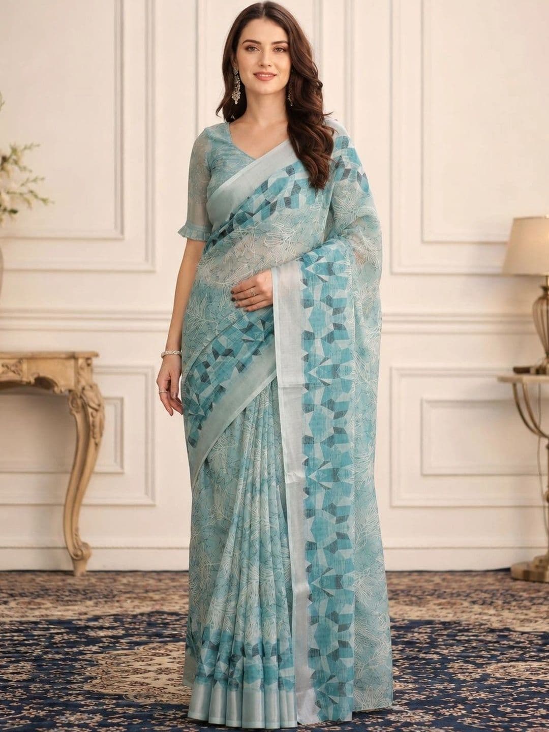 KALINI Ethnic Motifs Zari Linen Blend Handloom Block Print Saree - view 1