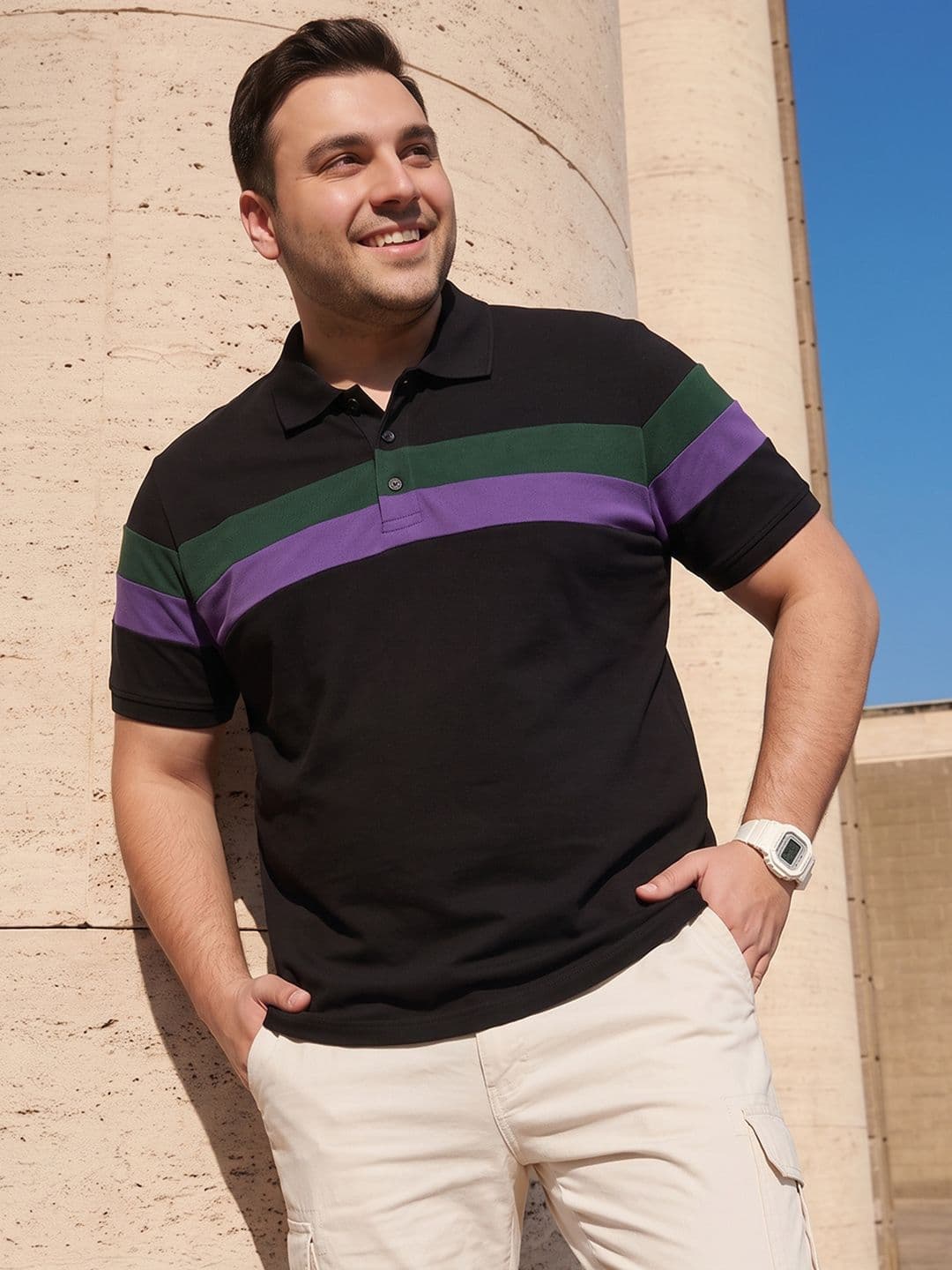 Sztori Plus Size Striped Polo Collar Pure Cotton T-Shirt - view 1