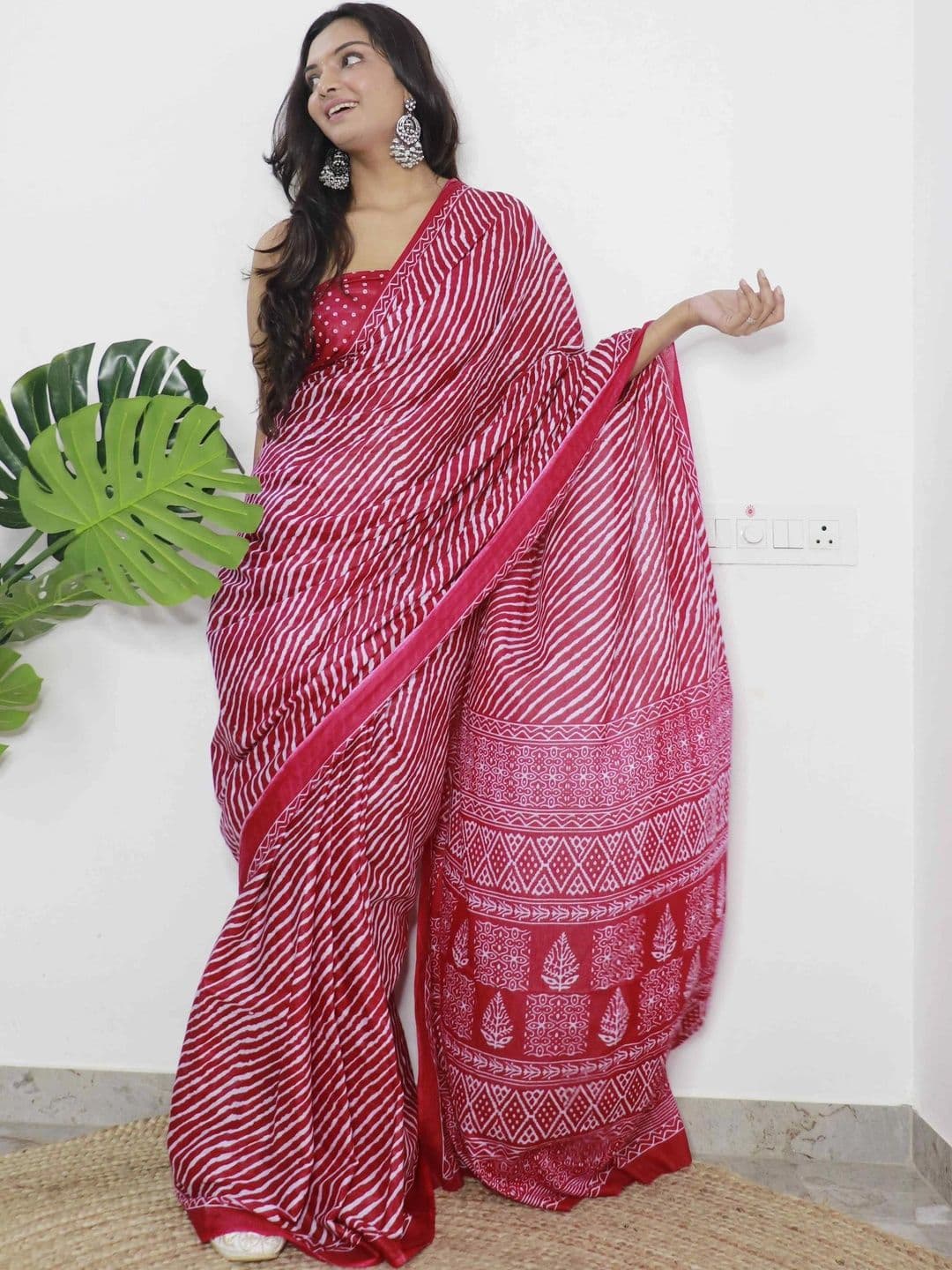 KALINI Leheriya Pure Cotton Fusion Block Print Saree - view 1