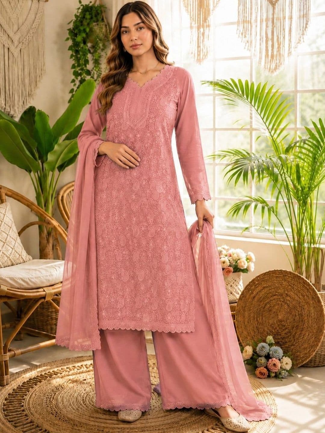 Moda Rapido Women Ethnic Motifs Embroidered Regular Thread Work Kurta with Palazzos & With Dupatta - view 1