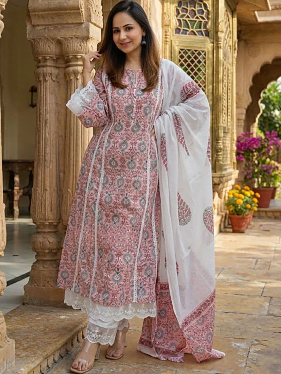Moda Rapido Women Ethnic Motifs Printed Regular Pure Cotton Kurta with Palazzos & With Dupatta - view 1