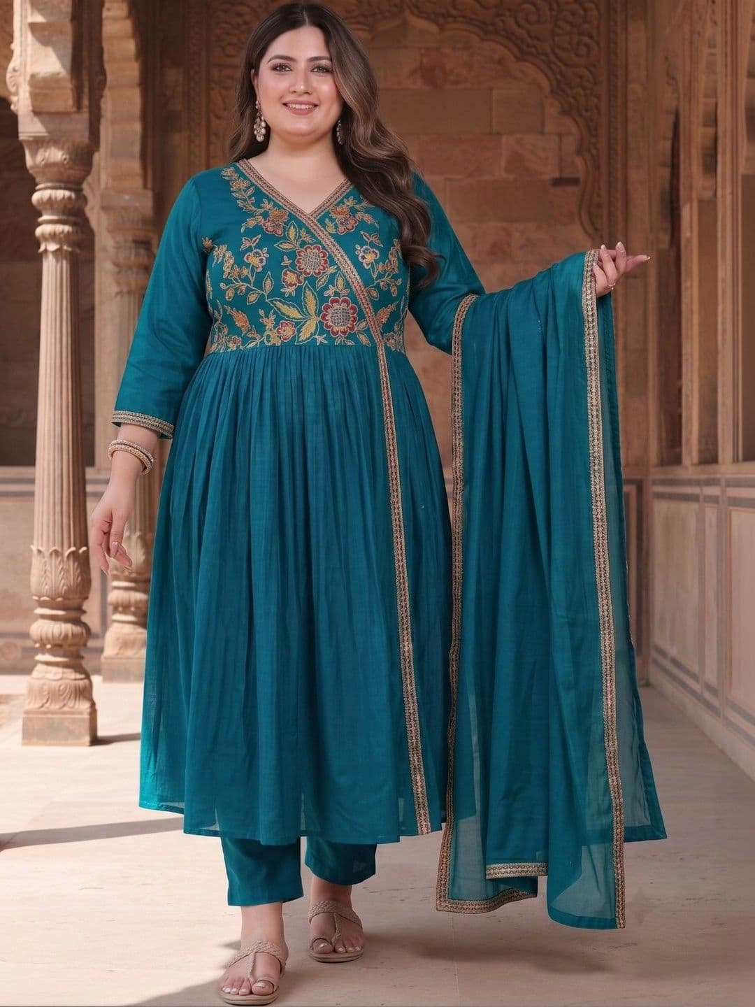 Sztori Women Floral Embroidered Angrakha Thread Work Kurta with Trousers & With Dupatta - view 1