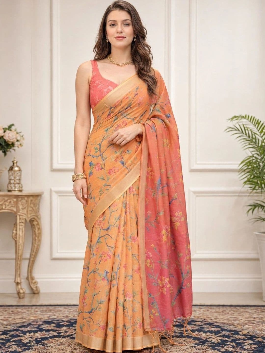 V3 FASHION STUDIO Floral Zari Linen Blend Block Print Saree - view 1