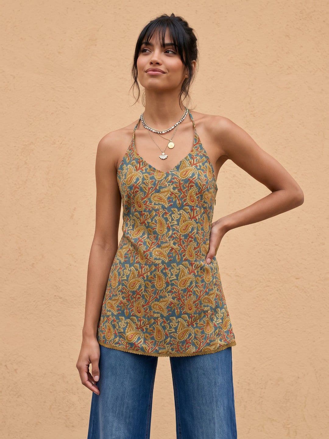 fusion by glitchez Paisley Printed Tie-Up Neck Pure Cotton Kurti - view 1