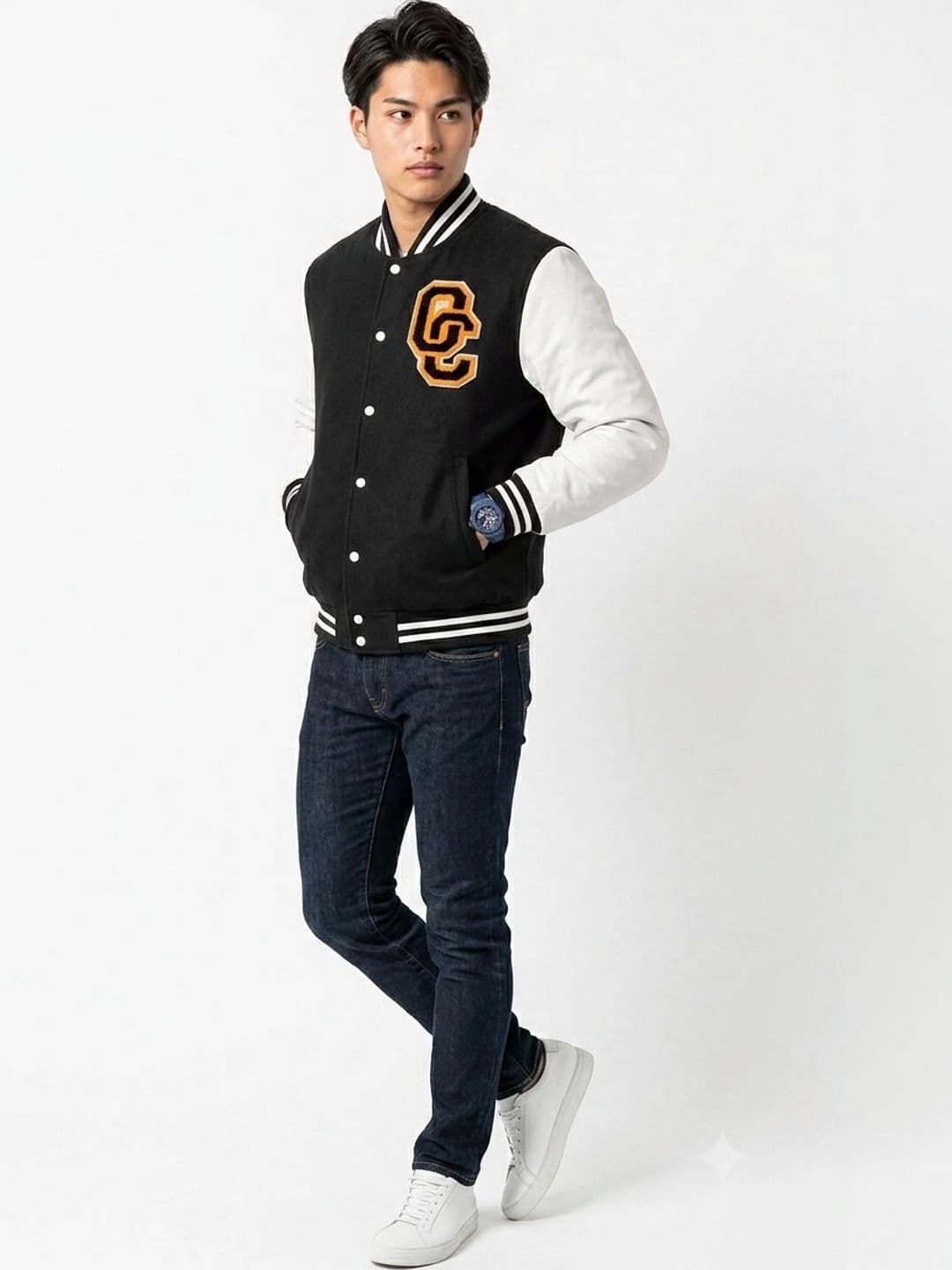 oiin Men Brand Logo Colourblocked Fleece Blend Varsity Jacket with Embroidered - view 1