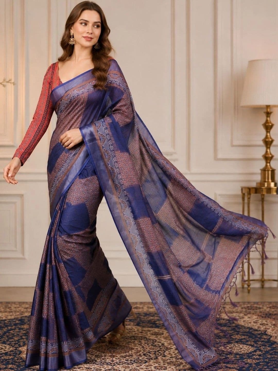 V3 FASHION STUDIO Ethnic Motifs Zari Linen Blend Block Print Saree - view 1