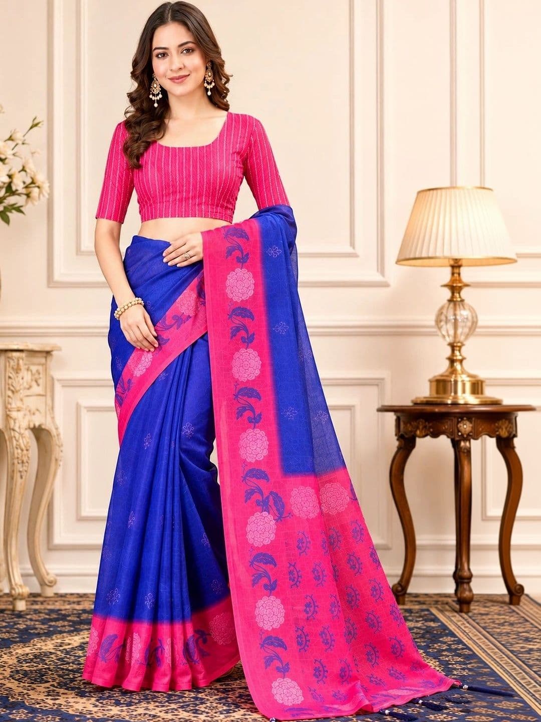 HERE&NOW Floral Zari Linen Blend Designer Block Print Saree - view 1