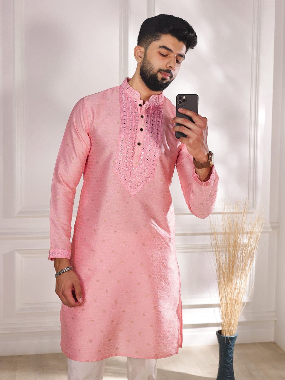 Koshin Floral Woven Design Long Sleeves Mirror Embroidered Art Silk Straight Kurta - view 1