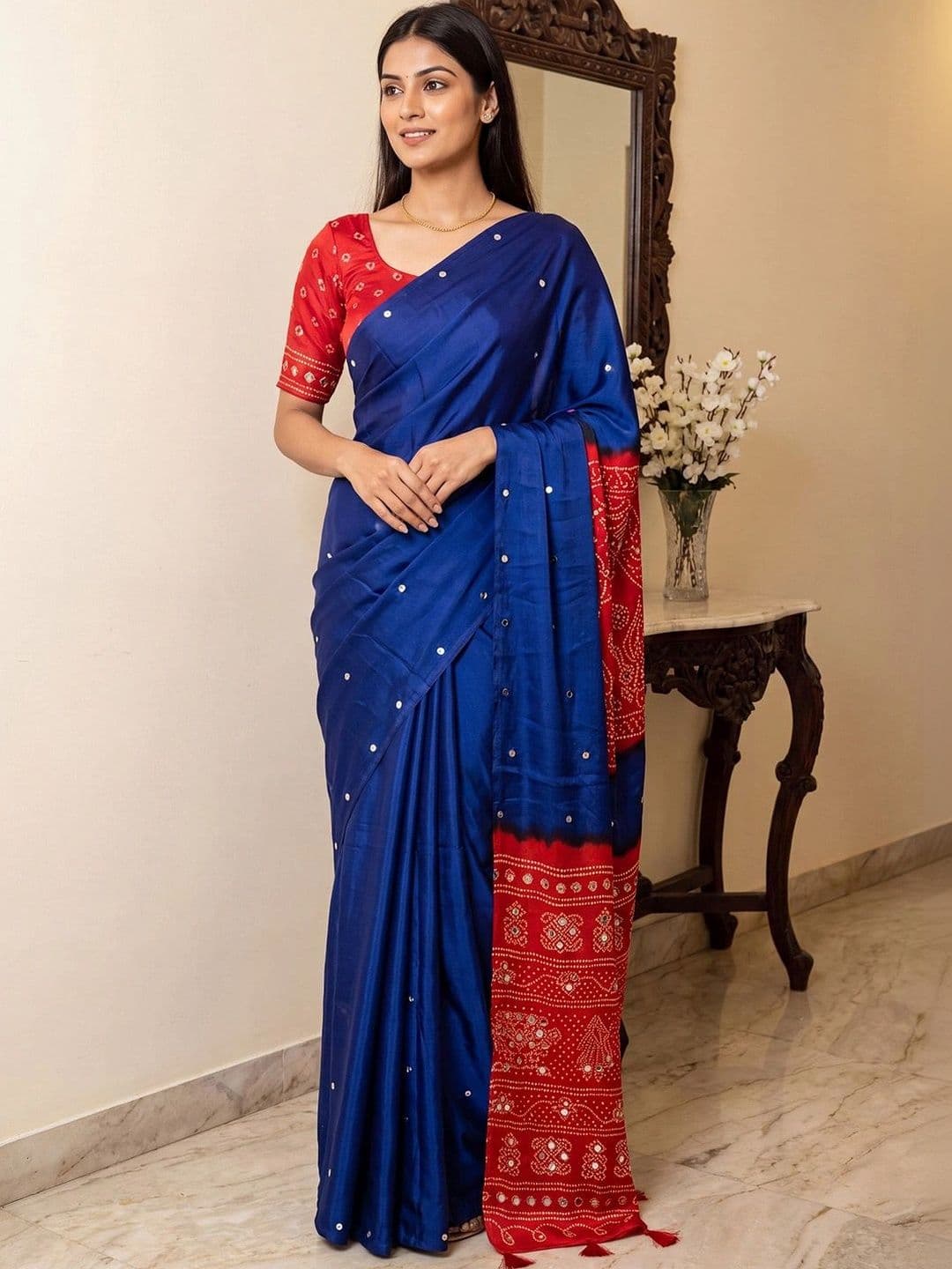 Saree mall Ajrak Block Print Mirror Work Silk Blend Bandhani Saree - view 1