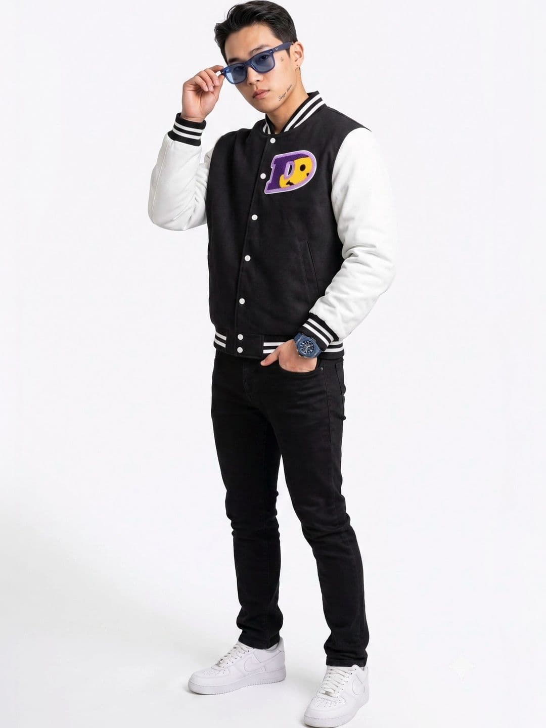 oiin Men Brand Logo Colourblocked Fleece Blend Varsity Jacket with Patchwork - view 1