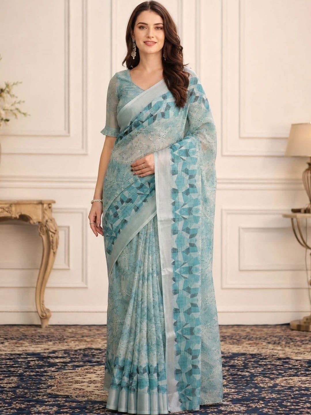 V3 FASHION STUDIO Ethnic Motifs Zari Linen Blend Block Print Saree - view 1