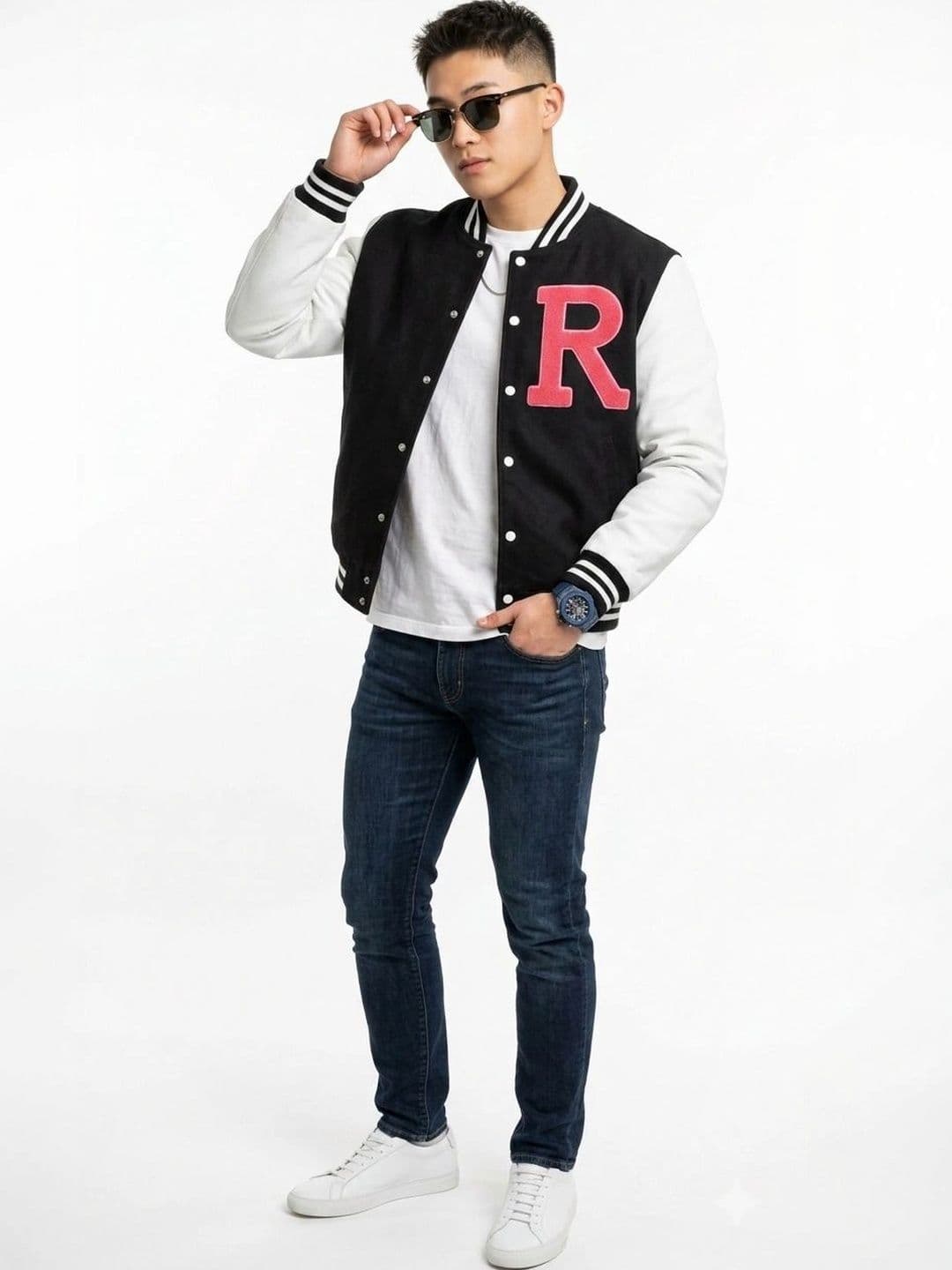 oiin Men Brand Logo Colourblocked Fleece Blend Varsity Jacket - view 1