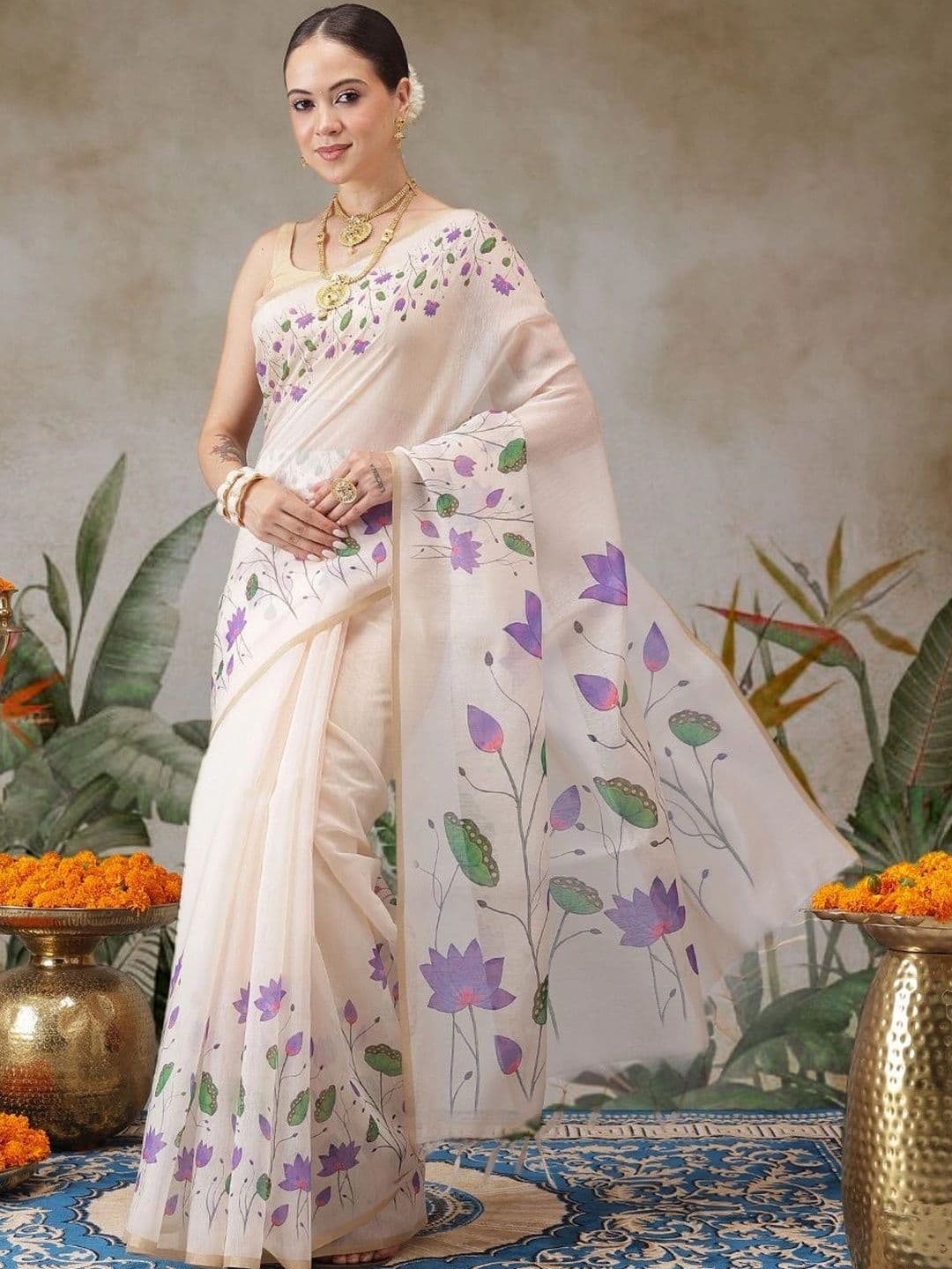 Silk Land Floral Zari Fusion Kasavu Saree - view 1