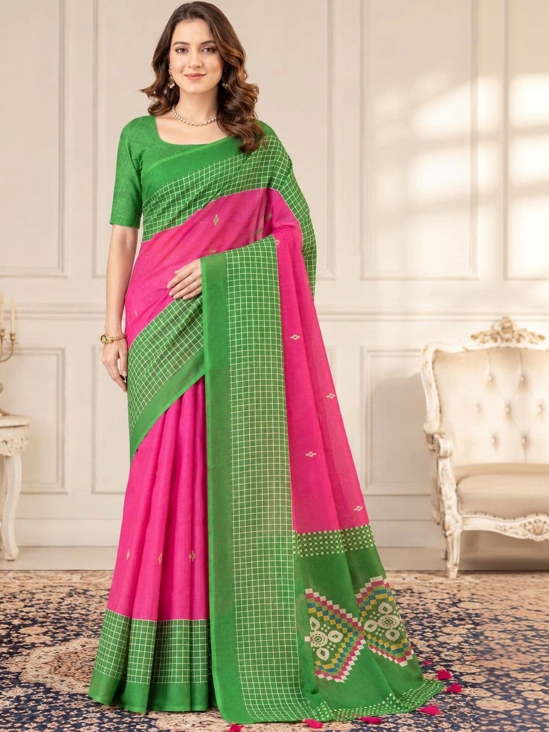 V3 FASHION STUDIO Woven Design Zari Linen Blend Block Print Saree - view 1