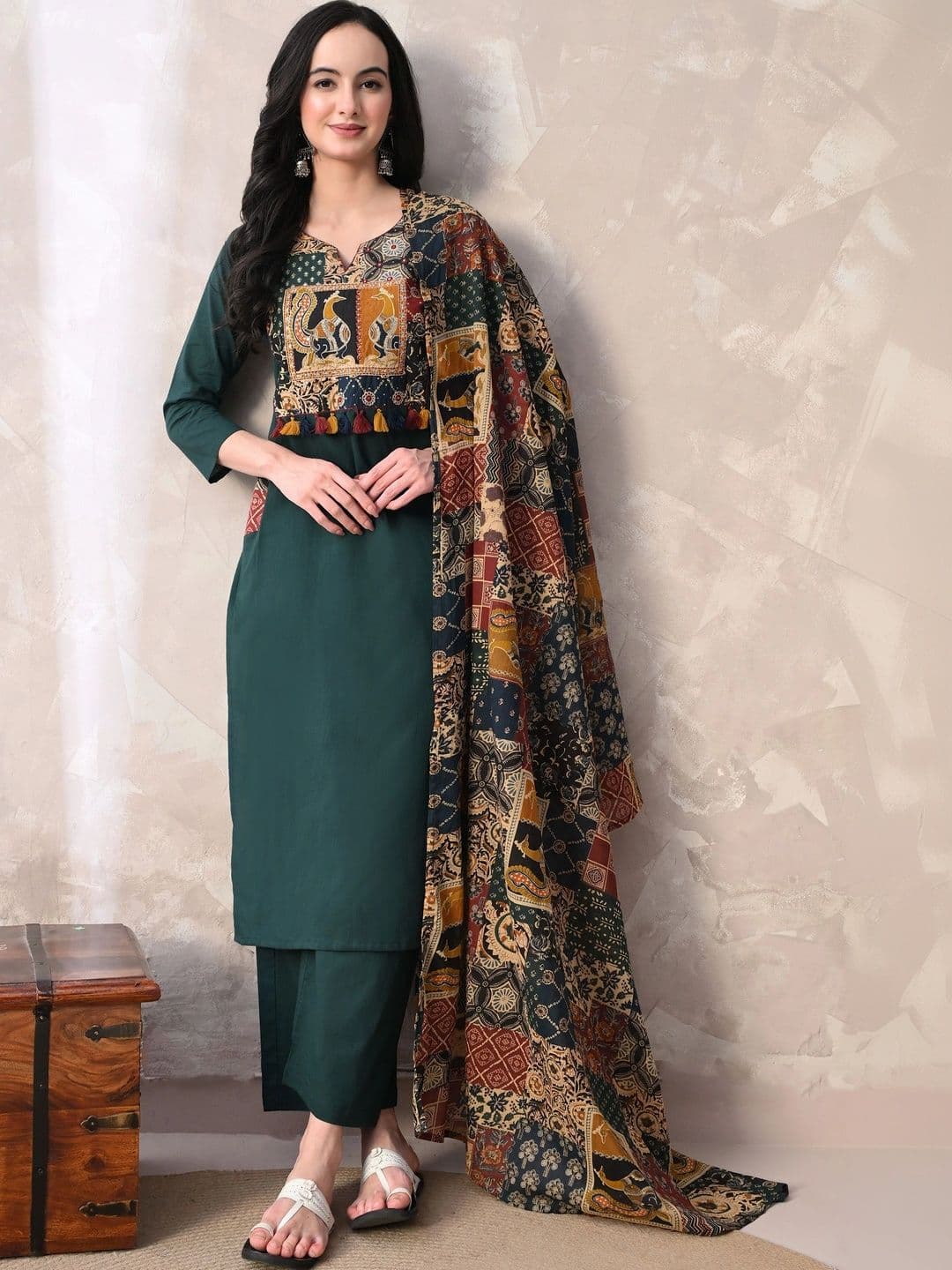 Anouk Women Ethnic Motifs Embroidered Regular Thread Work Pure Cotton Kurta with Palazzos & With Dupatta - view 1