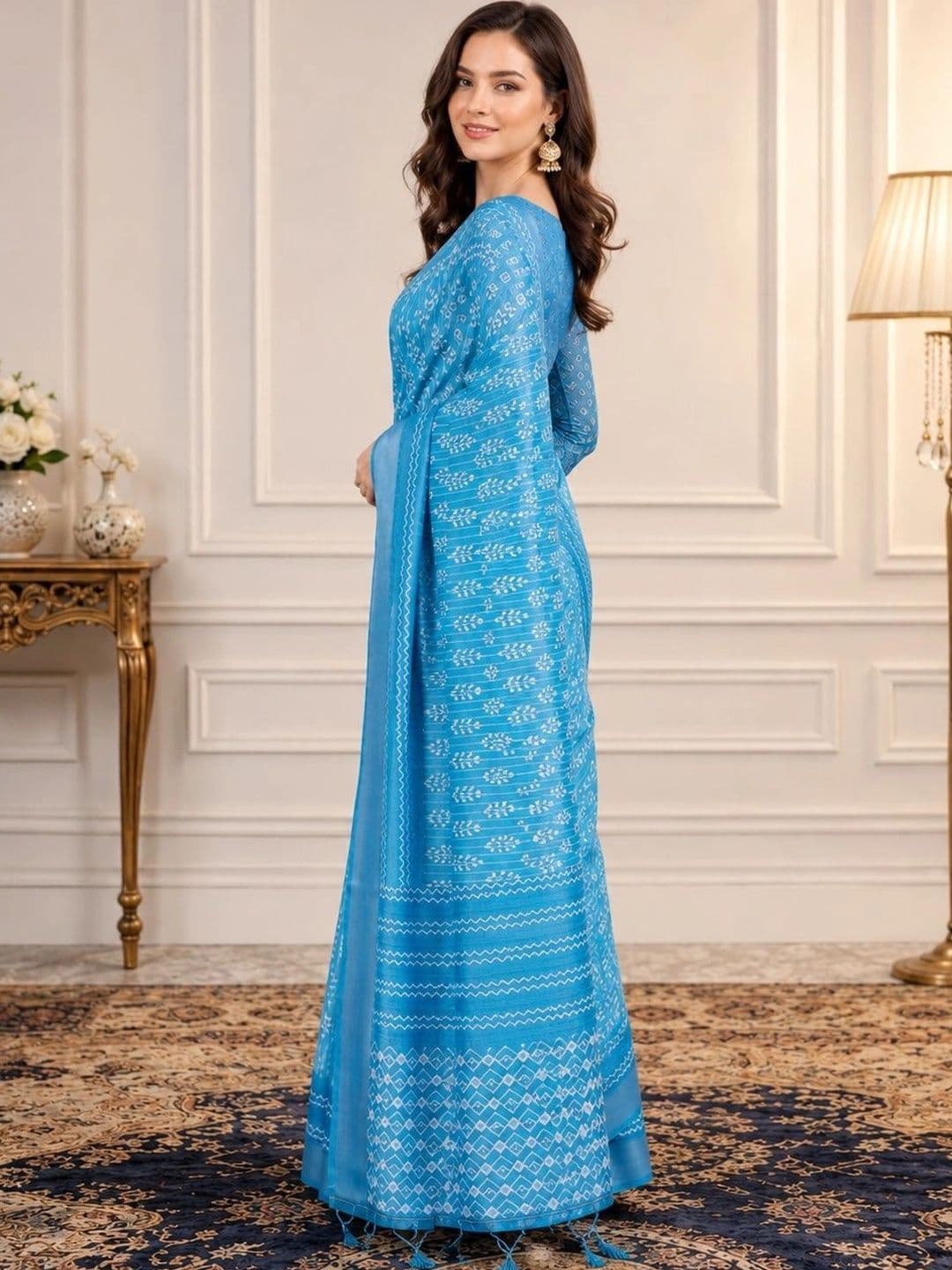 Mitera Floral Printed Zari Handloom Block Print Saree With Blouse Piece - view 1