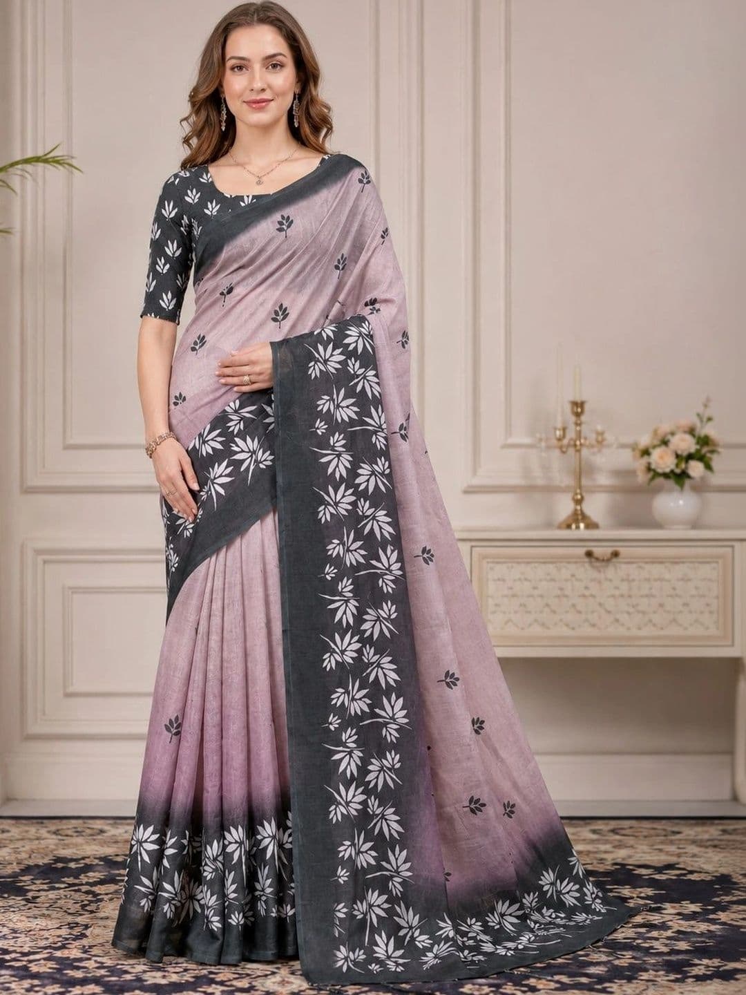 DIVASTRI Ethnic Motifs Zari Linen Blend Designer Block Print Saree - view 1