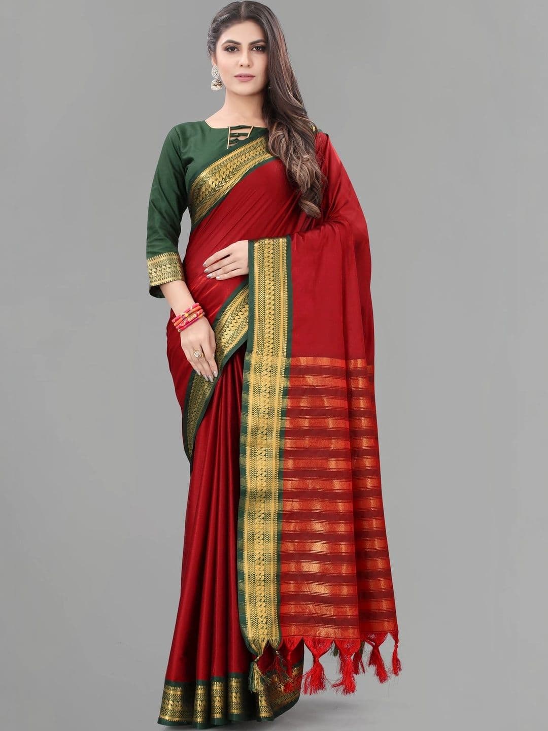 Sangria Floral Zari Jute Cotton Banarasi Saree - view 1