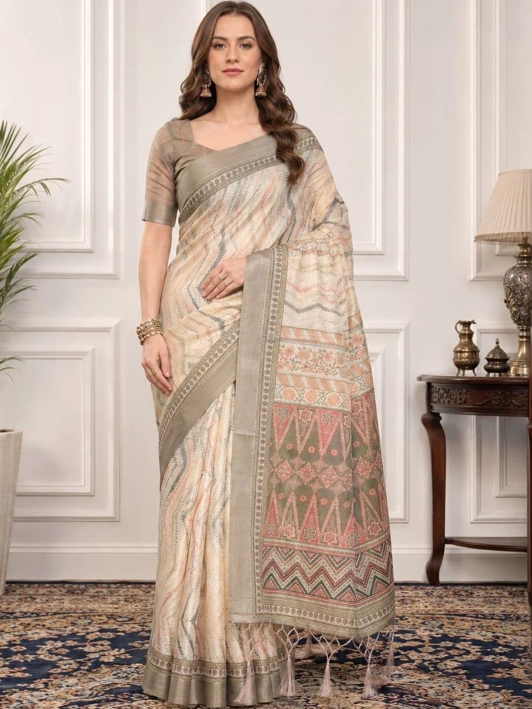 V3 FASHION STUDIO Women Ethnic Motifs Zari Linen Blend Handloom Block Print Saree - view 1