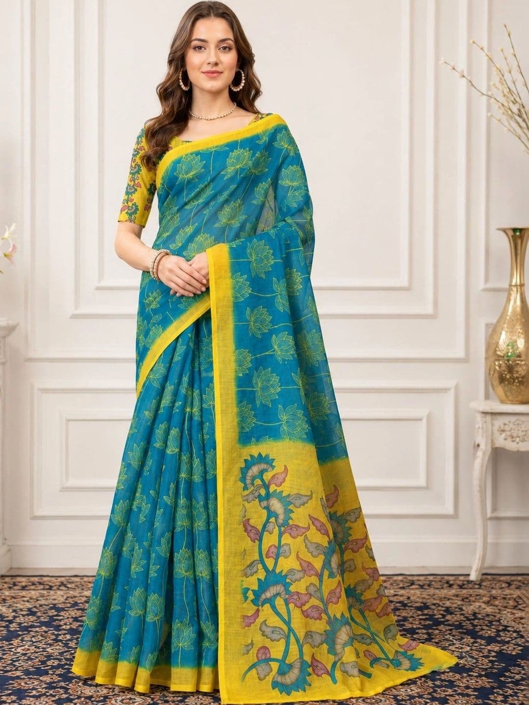 HERE&NOW Floral Zari Linen Blend Designer Block Print Saree - view 1