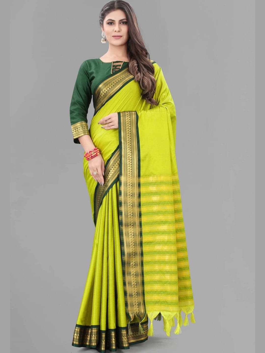 Milvia Striped Zari Jute Cotton Banarasi Saree - view 1