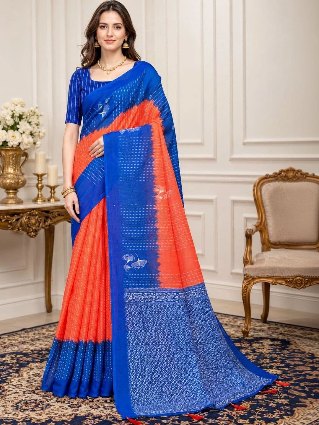 KALINI Ethnic Motifs Zari Linen Blend Designer Block Print Saree - view 1